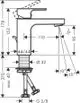 Einfamilienwaschtischmischer von Hansgrohe mit klaren Linien, Hebelgriff und integriertem Ablaufmechanismus, schematische Darstellung mit Maßangaben.